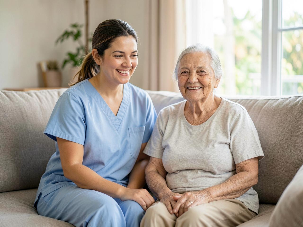Cuidadora sorrindo ao lado de uma senhora idosa na sala de casa